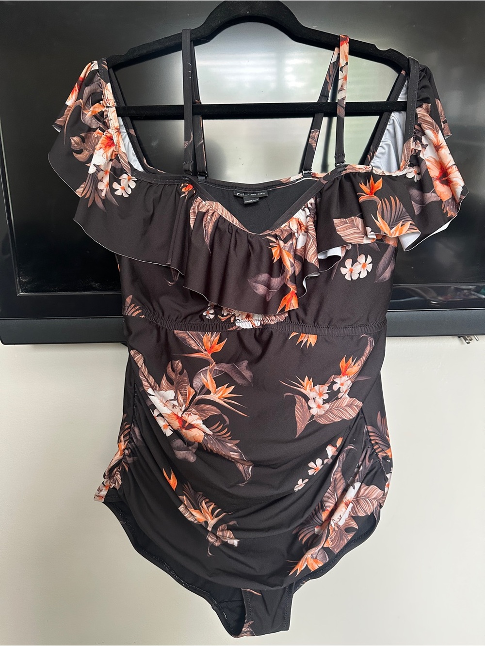 City Chic Floral Ruffle Off-Shoulder One-Piece Swimsuit - Black/Orange